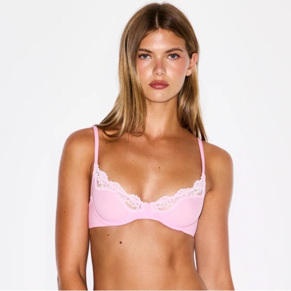 Skims Fits Everybody Lace Unlined Demi Bra in Bubblegum Tonal Size 36B NWT